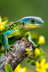 Obraz premium A green lizard sitting on top of a tree branch