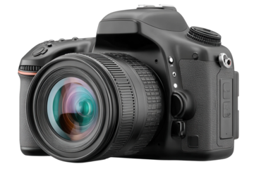 Professional dslr camera with lens on transparent background