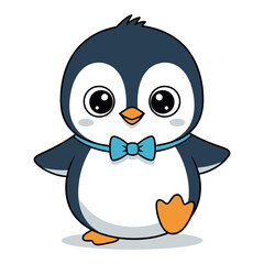 Adorable cartoon penguin character wearing a blue bow tie with big cute eyes and fluffy feathers vector