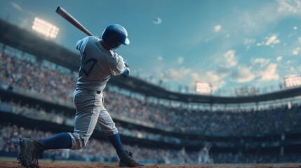 Player in striking position during a baseball game at a crowded stadium in the evening