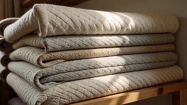 Cozy stacked blankets with natural light filtering through a window create a warm, inviting atmosphere for home decor.