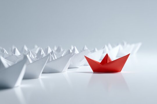 Close-up of red paper boat leading a row of white paper boats on a clean, glossy surface. Concept for business leadership, strategy innovation and unique marketing