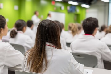 Fototapeta premium Diverse group of medical students in white coats attend a lecture in modern classroom. Concept for medical education, pharmaceutical research and healthcare innovation
