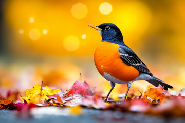 Fototapeta premium A small bird standing on a pile of leaves