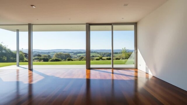 Minimalist interior with panoramic landscape view modern architecture and open space