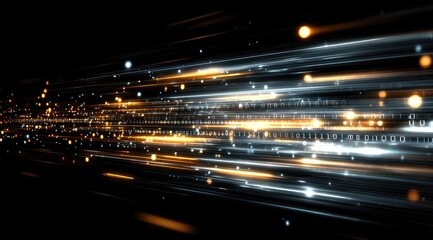 Abstract digital stream of light.  Streaks of light in  horizontal lines.  Binary code  visible.  Glowing particles
