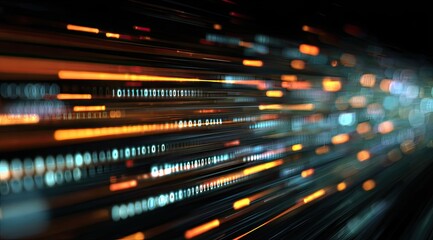 Abstract digital stream of light streaks, with binary code-like elements