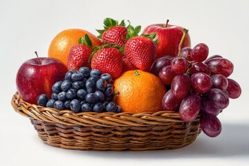 Fresh fruit basket with oranges, apples, strawberries, and grapes. A wicker basket filled with a variety of colorful fruits, presented against a white background
