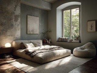Bedroom with large window, bed, beanbag, soft light, and art
