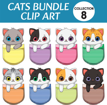 Cat In Pocket Cartoon Kitten Set Cute Kawaii Cats Inside The Pocket Vector
