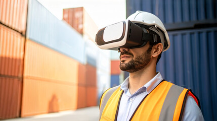 A man in a VR headset, surrounded by shipping containers, likely immersed in a virtual experience related to logistics or technology.