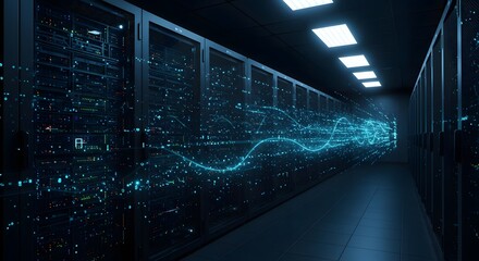 Dynamic server room showcasing data flow and high-tech digital infrastructure