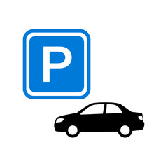 Blue Parking Sign and Black Car Silhouette on White Background
