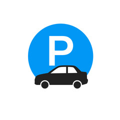 Car parking icon with blue P symbol and vehicle silhouette on white background