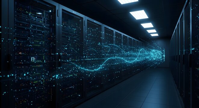 Dynamic server room showcasing data flow and high-tech digital infrastructure