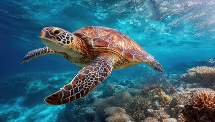 Obraz premium Sea turtle swims over vibrant coral reef