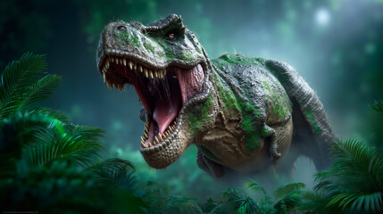 Obraz premium A t-rex in the jungle with its mouth open and its mouth wide open