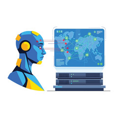 Technological foresight: A futuristic depiction of a humanoid robot, its eyes scanning a digital world map, signifying advanced data analysis and artificial intelligence capabilities. 