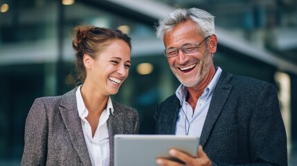 Fototapeta premium Business professionals engage with tablet while sharing a laugh in modern office environment