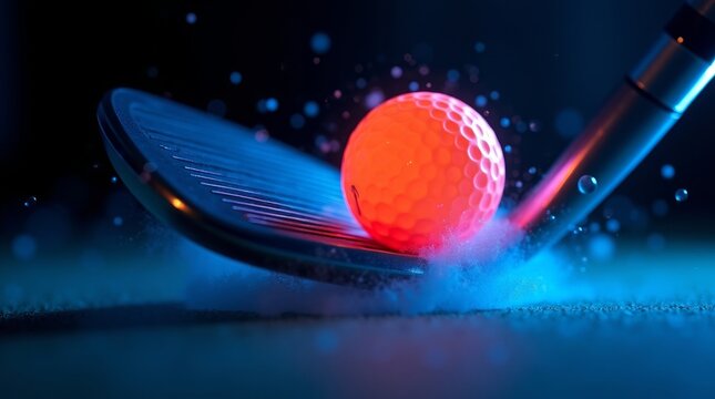 Orange golf ball impact with club golf club sport