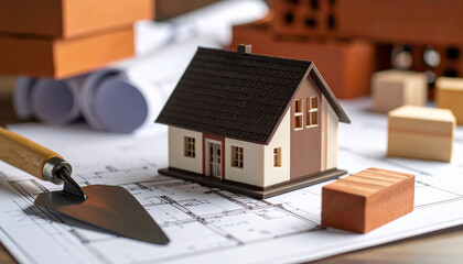 A miniature house on architectural plans, surrounded by construction tools and building materials. This scene evokes a sense of construction and real estate 