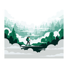 The Adventurer's Path: An illustration captures a solo adventurer traversing a misty mountain range, surrounded by towering green trees, symbolizing exploration and the spirit of the journey.