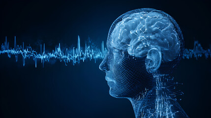 Male head with brain activity on blue background with brain waves - EEG Stock Illustration