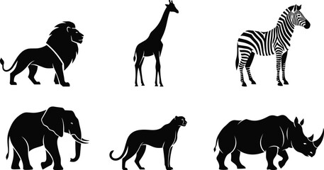 African wildlife silhouettes, lion, giraffe, zebra, elephant, cheetah, rhinoceros, savanna animals, black vector art, safari illustration, flat vectorizer design