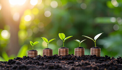 Five small plants growing from stacks of coins, symbolizing financial growth and investment