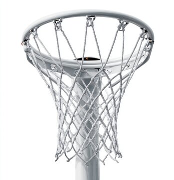Close-up of a netball hoop, white metal rim and net