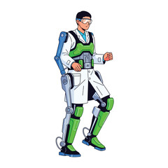 Innovator in the Lab: A scientist strides confidently in a futuristic exoskeleton, symbolizing innovation, progress, and the evolution of human potential in a cutting-edge laboratory setting.
