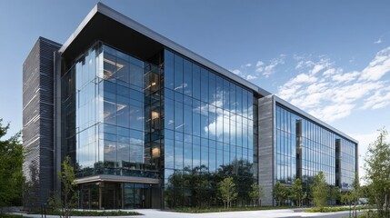 Obraz premium Modern office building with glass facade surrounded by greenery and blue sky
