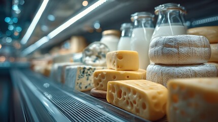 An enticing display of various cheeses and milk in a well-lit refrigerated section, showcasing rich textures and colors.