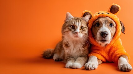 Adorable dog in orange outfit cuddles with cat against bright orange background