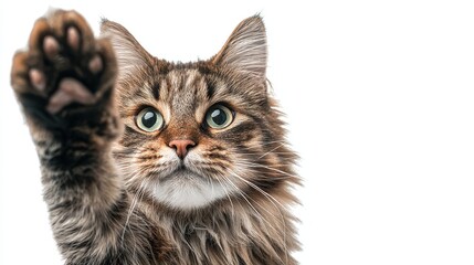 Playful cat reaching out with its paw against a white background in an indoor setting