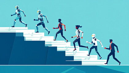 Fototapeta premium Robots and people collaborate, ascend steps, symbolizing growth and progress