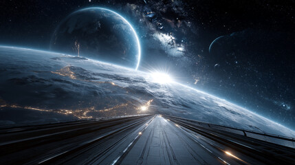 A futuristic road leading to earth with city lights and a bright sun in a dark space background