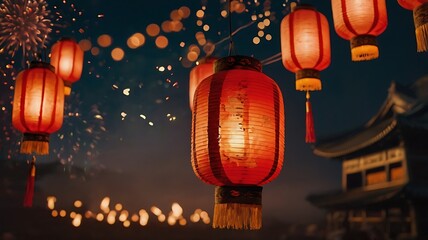 Festive scene featuring fireworks and lanterns in traditional Asian style