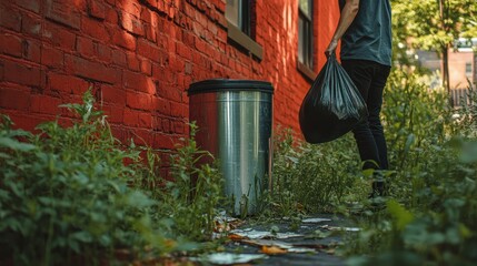Hand holding garbage black bag putting in to trash,Garbage bag in a trash bin,waste management and recycling concept,black plastic bags,Waiting for the rubbish keeper officers to take them away.