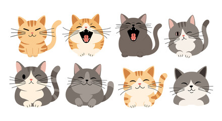 A diverse collection of adorable cartoon feline characters expressing various joyful emotions and expressions