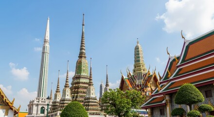 Fototapeta premium Grand palace complex with ornate spires and traditional thai architecture under a blue sky