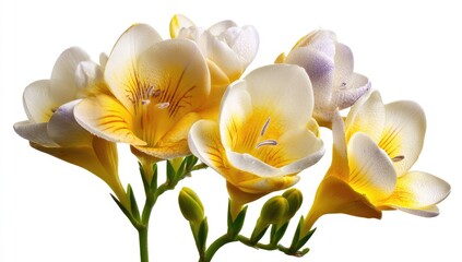 Obraz premium Close-up of freesia blossoms. Five pale cream/white blooms with yellow accents and a touch of lavender. Bright, focused against a white background. Stems and buds visible
