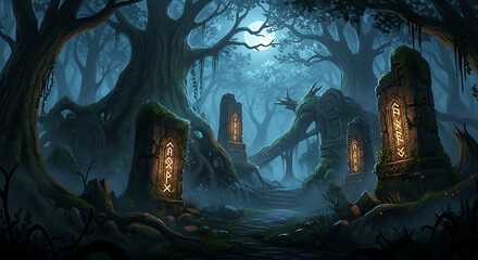 Mysterious ancient forest with glowing stones and a creature at night