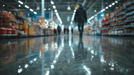 Fototapeta premium A blurred view of shoppers walking through a grocery store aisle with shiny, wet floors reflecting the ambient light.