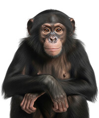 Fototapeta premium a pygmy chimpanzee, also known as a bonobo, is seated and isolated against a pure white background.