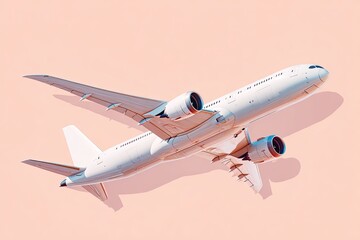 Obraz premium White airplane in flight, pastel background