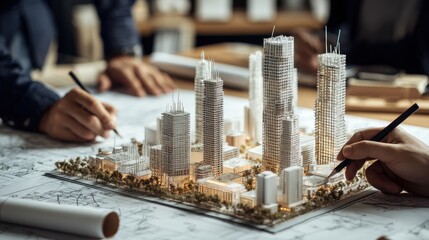 Architects collaborate on city model design during a workshop in a modern studio environment