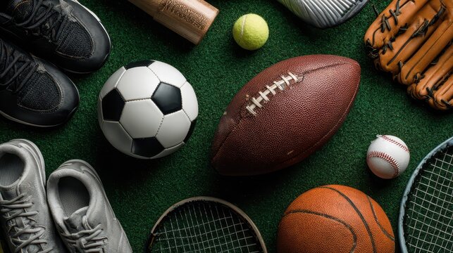 Sports equipment arranged on green turf with various balls and shoes for different games