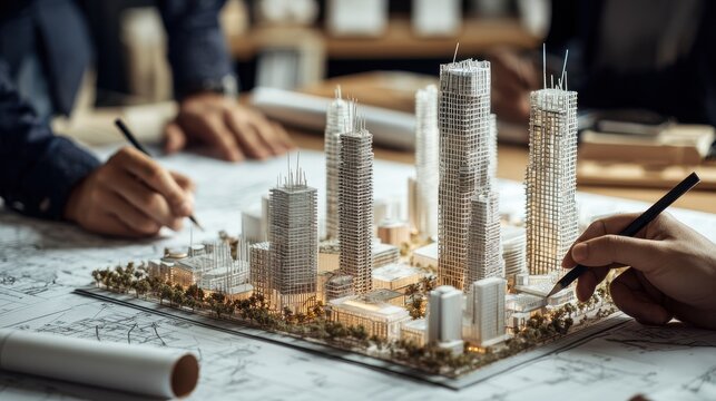 Architects collaborate on city model design during a workshop in a modern studio environment