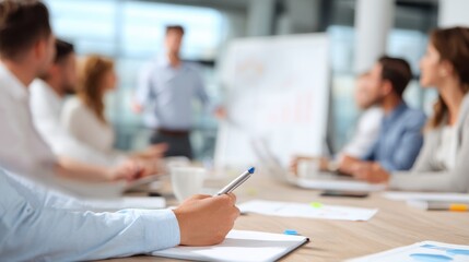 Business team engaged in a productive meeting in a modern office setting
